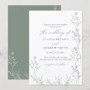 White and saga green script wedding Invitation