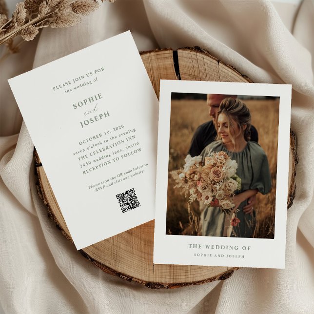 White and Sage Elegant Text Photo QR Code Wedding Invitation (Creator Uploaded)