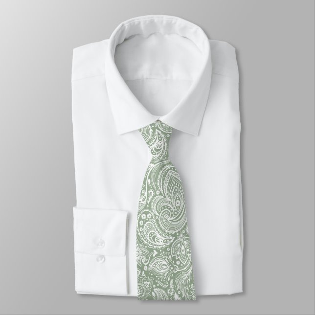 White And Sage Green Floral Paisley Pattern Tie (Tied)
