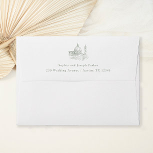 White and Sage Green   Illustrated Italian Wedding Envelope