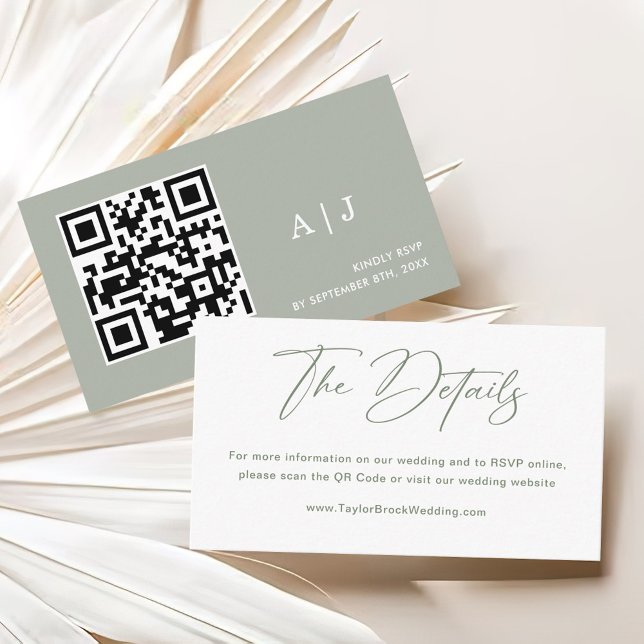 White and Sage Green Wedding Details Qr Code Enclosure Card (Creator Uploaded)