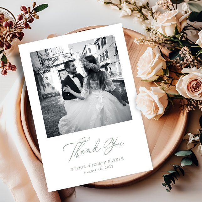 White and Sage Italian Elegance Two Photo Wedding Thank You Card (Creator Uploaded)