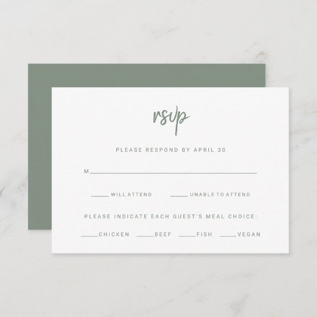 White and Sage Modern Script | Wedding Meal Choice RSVP Card (Front/Back)