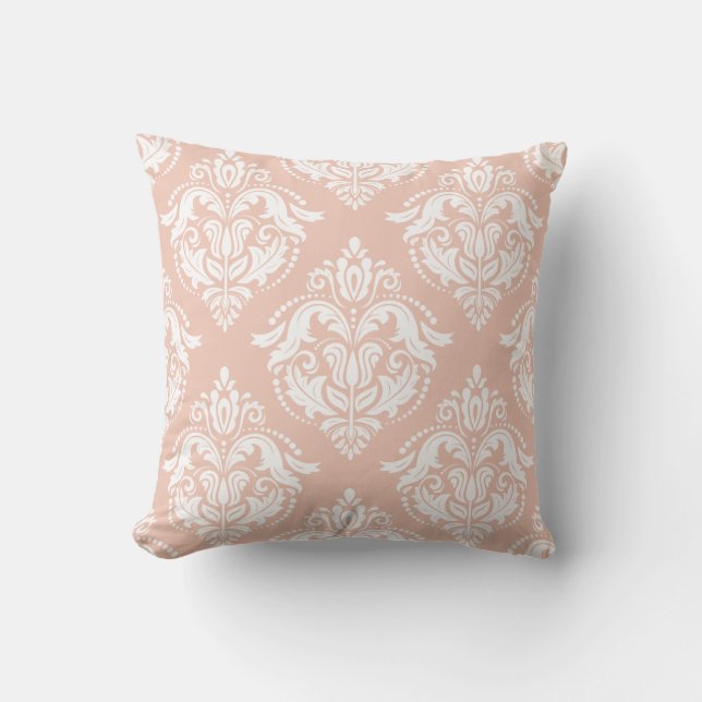 White And Salmon Pink Damasks Cushion (Front)