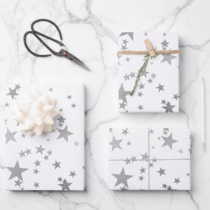 White and Silver Celestial Star Wrapping Paper