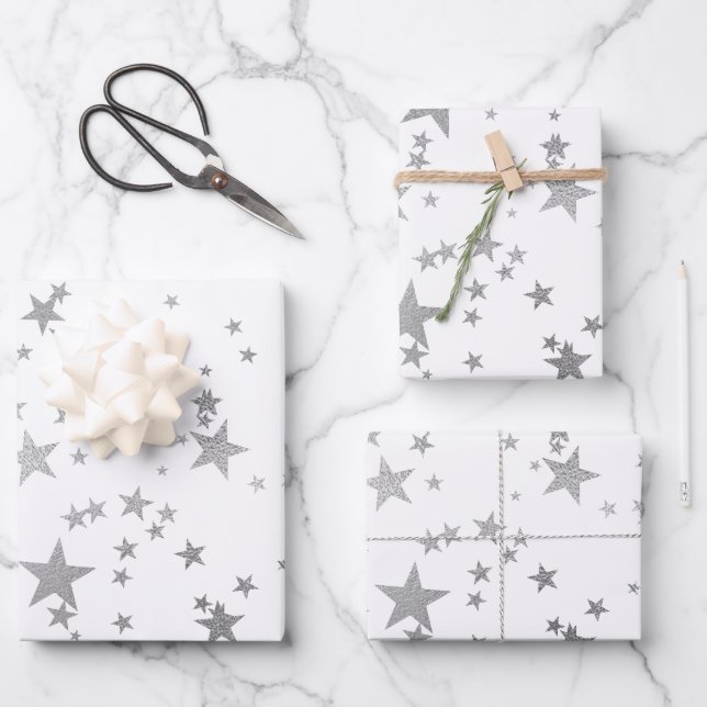 White and Silver Celestial Star Wrapping Paper  (Front)