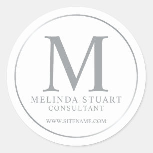 White and Silver Elegant Monogram Business Classic Round Sticker