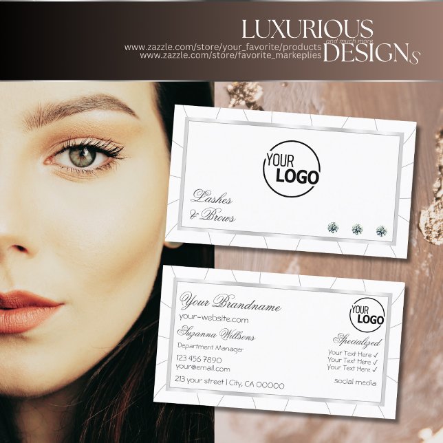 White and Silver Frame Modern with Diamonds & Logo Business Card (Creator Uploaded)