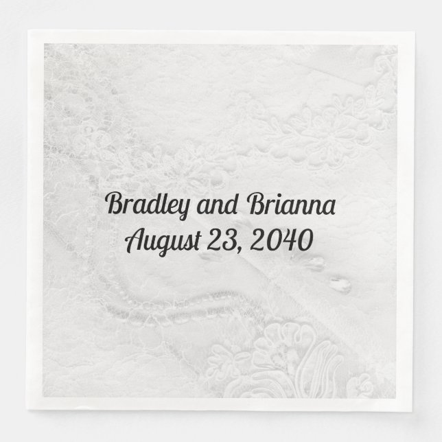 White and Silver Lace and Pearls on Satin Napkin (Front)