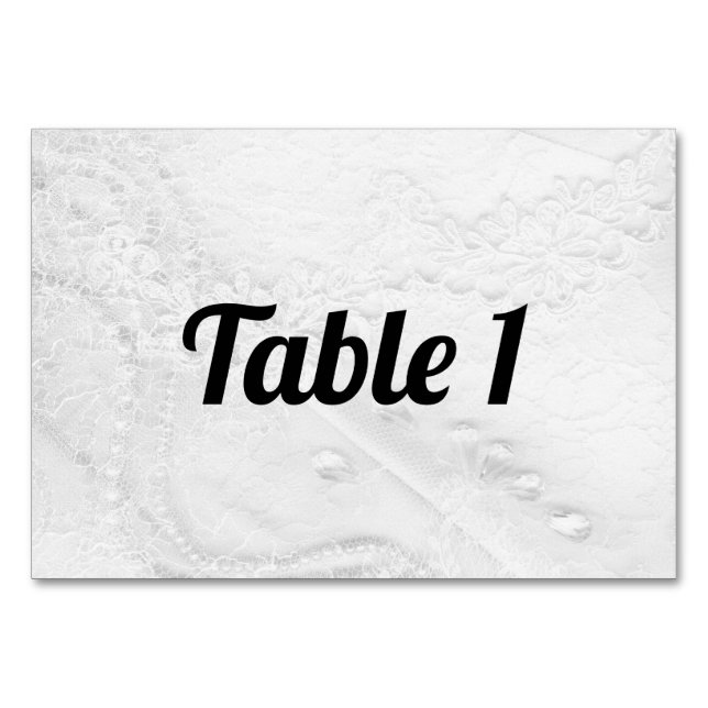 White and Silver Lace and Pearls on Satin Table Number (Front)