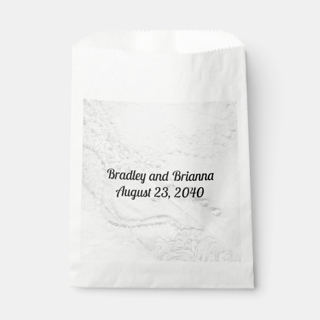 White and Silver Lace and Pearls on Satin Wedding Favour Bag (Front)