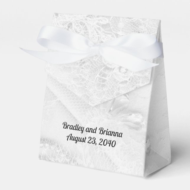 White and Silver Lace and Pearls on Satin Wedding Favour Box (Front Side)