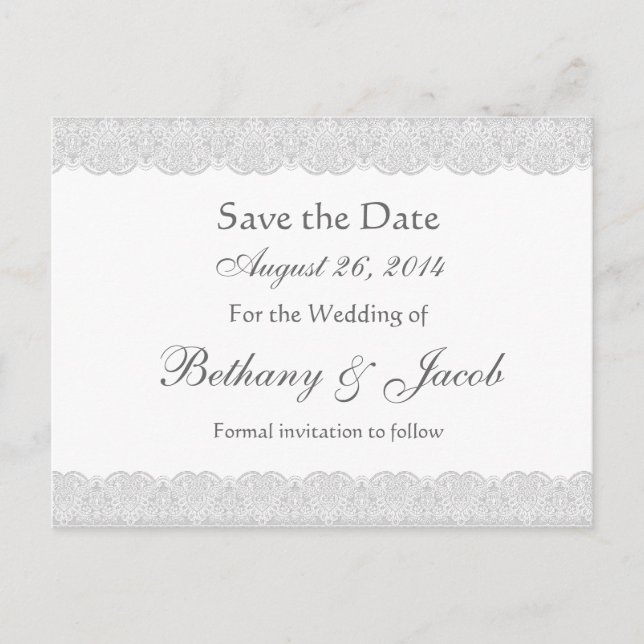 White and Silver Lace Save the Date Wedding A20 Announcement Postcard (Front)