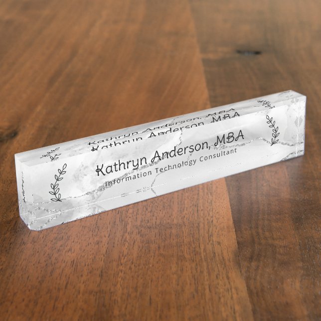 White and Silver Marble Professional Nameplate (Side)