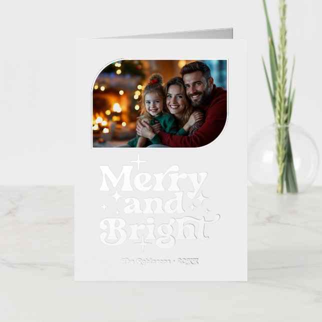 White and Silver Merry and Bright Photo Christmas Foil Holiday Card (Front)