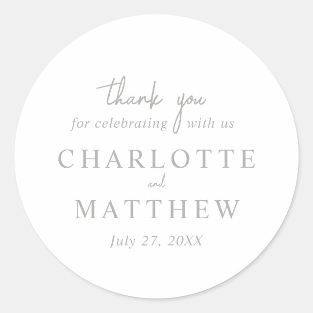 White and Silver Script Thank You Wedding Sticker (Front)