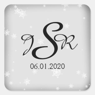White and Silver Snowflake Wedding Monogram Square Sticker