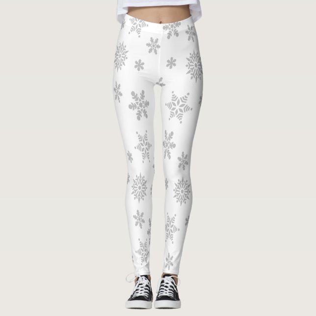 White and Silver Snowflakes Leggings (Front)