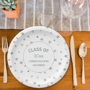 White and Silver Stars graduation party Paper Plate