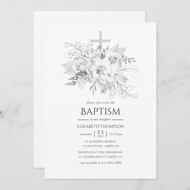White and Silver Vintage Floral Baptism Invitation (Front/Back)