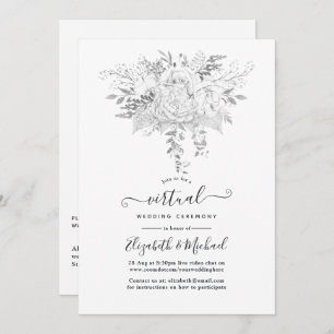 White and Silver Vintage Roses Virtual Wedding Invitation