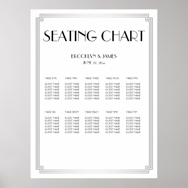 White And Silver Wedding Seating Chart Poster (Front)