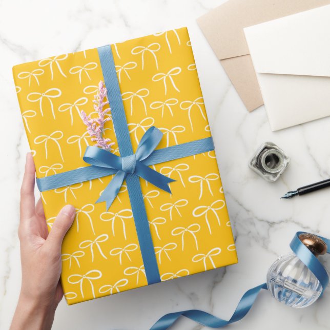 White and Sunny Yellow Simple Bows Pattern Wrapping Paper (Gifting)