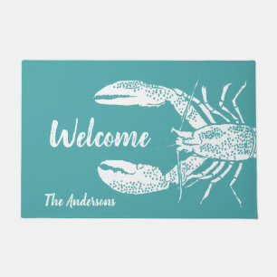 White and Teal Blue Lobster Personalised Doormat