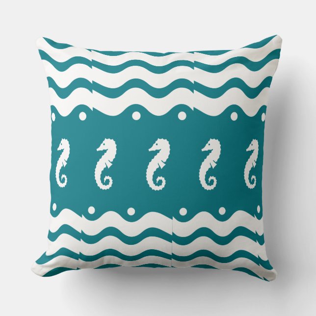 white and teal blue  SEA HORSE   coastal living Cushion (Front)