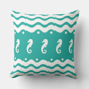 white and teal blue  SEA HORSE   coastal living Cushion