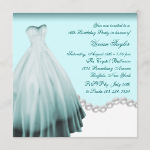 White and Teal Blue Sweet Sixteen Birthday Party Invitation