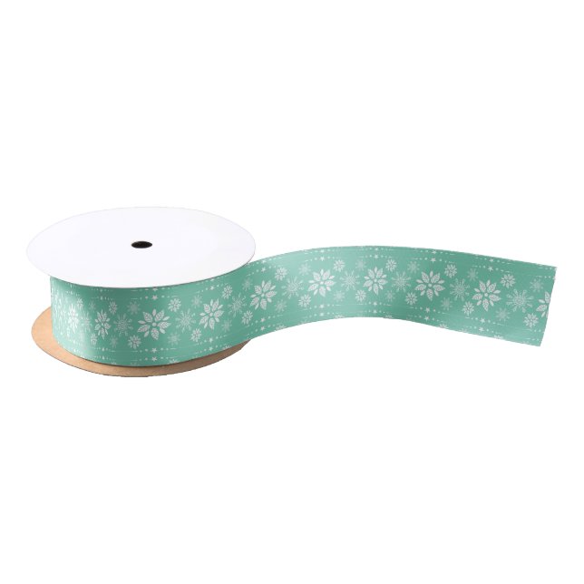 White And Teal Christmas Snowflakes Pattern Satin Ribbon (Spool)