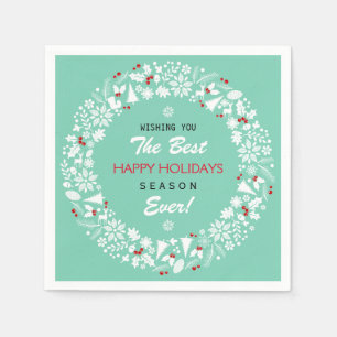 White And Teal Christmas Wreath Happy Holidays Napkin