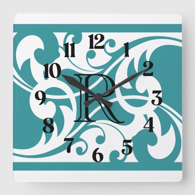 White and Teal Flourish Gold Border Monogram Square Wall Clock (Front)