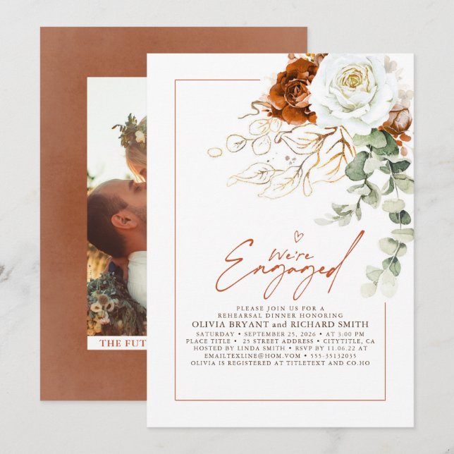 White and Terracotta Floral Engagement Party Photo Invitation (Front/Back)