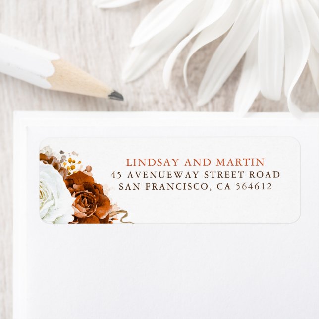 White and Terracotta Flowers Elegant Botanical Return Address Label (Insitu)