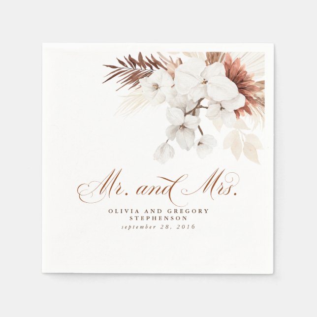 White and Terracotta Flowers Mr and Mrs Wedding Napkin (Front)