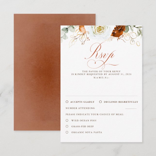 White and Terracotta Flowers Wedding RSVP Card (Front/Back)