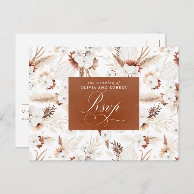 White and Terracotta Flowers Wedding RSVP Postcard (Front/Back)