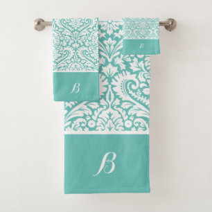 White and turquoise bath towel set
