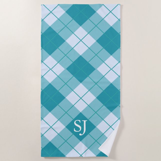 White and turquoise-blue plaid pattern beach towel (Front)
