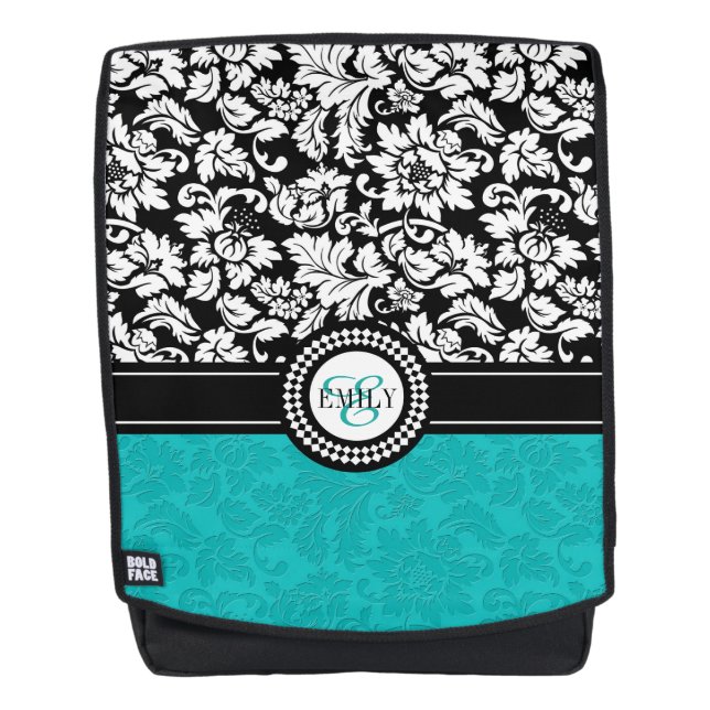 White And Turquoise Damask Backpack (Front)