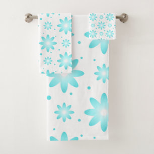 White and turquoise delicate daisy, dots pattern bath towel set