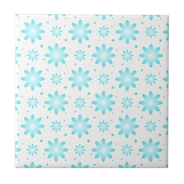 White and turquoise delicate daisy, dots pattern  ceramic tile (Front)