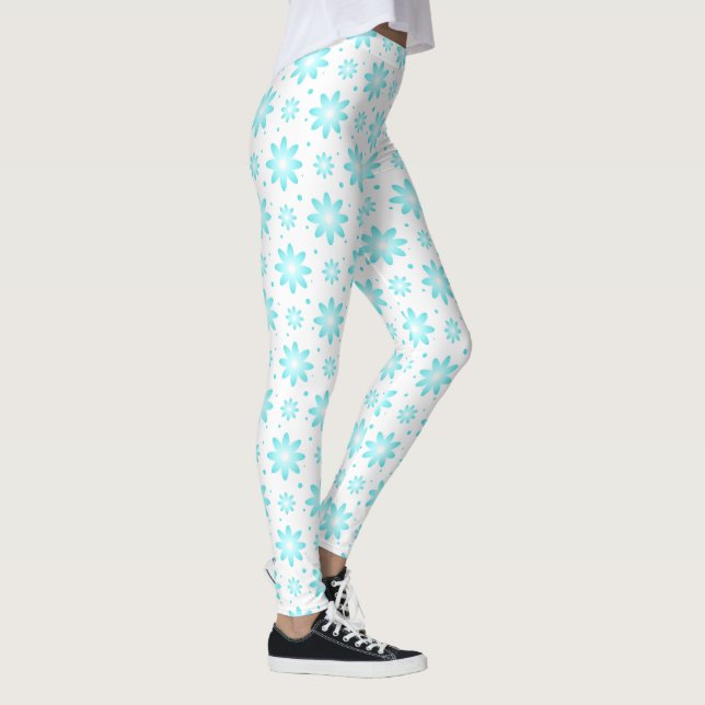 White and turquoise delicate daisy, dots pattern  leggings (Right)