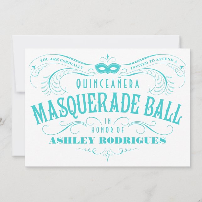 White and Turquoise Quinceanera Masquerade Invite (Front)