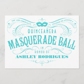 White and Turquoise Quinceanera Masquerade Invite