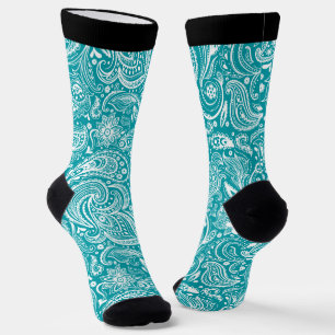 White and turquoise vintage floral paisley pattern socks
