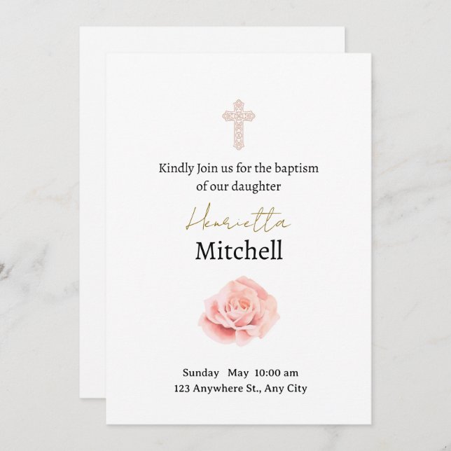 White and Watercolour Rose Delicate Baptism Invitation (Front/Back)