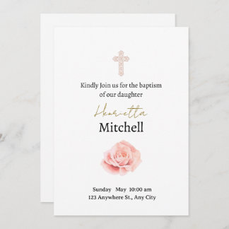 White and Watercolour Rose Delicate Baptism Invitation